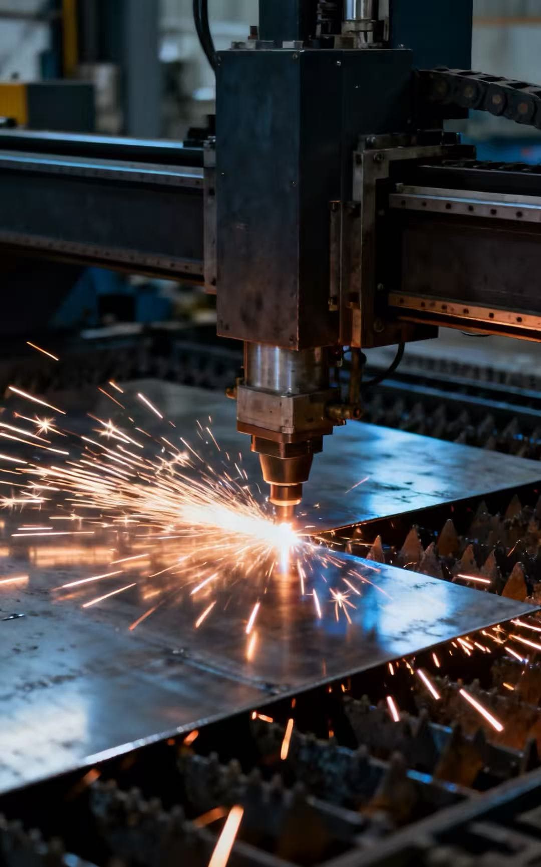 Cutting head working on a steel sheet with sparks at the cut line