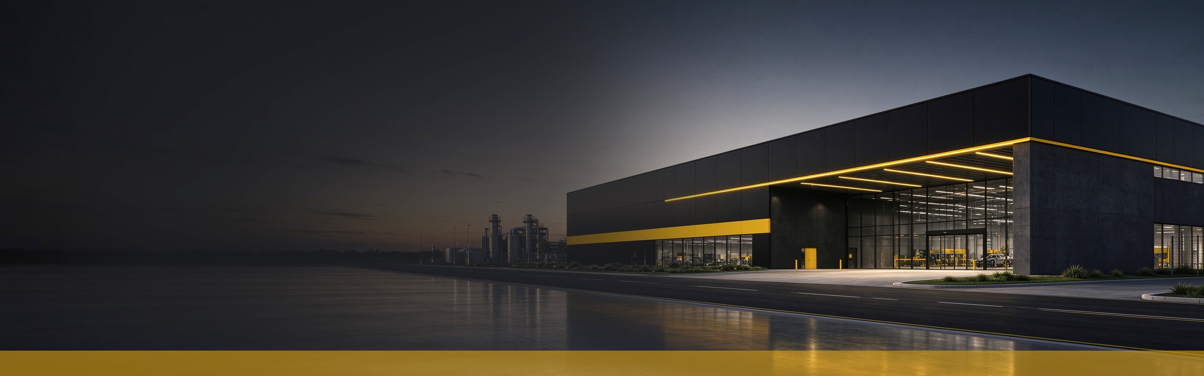 Dark modern industrial building at dusk with a yellow light strip along the entrance canopy