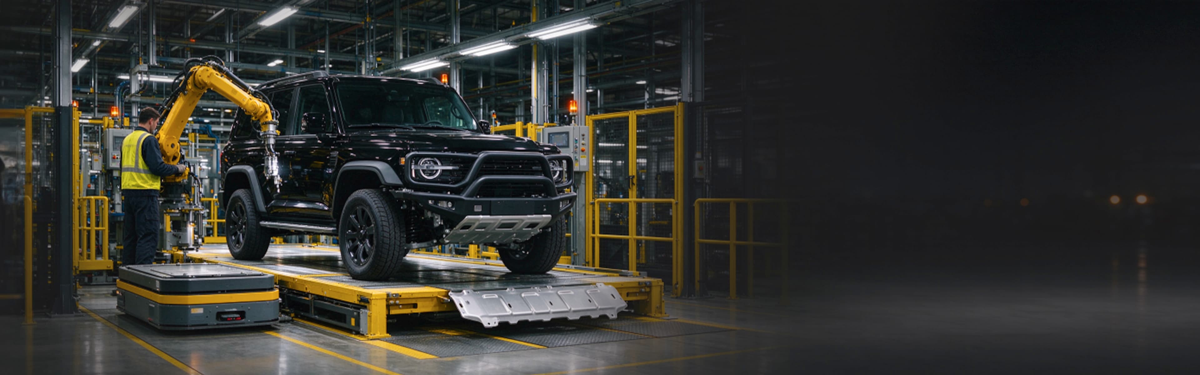 Black off-road SUV with a front bumper and skid plate on an assembly platform beside a yellow robotic arm and a worker