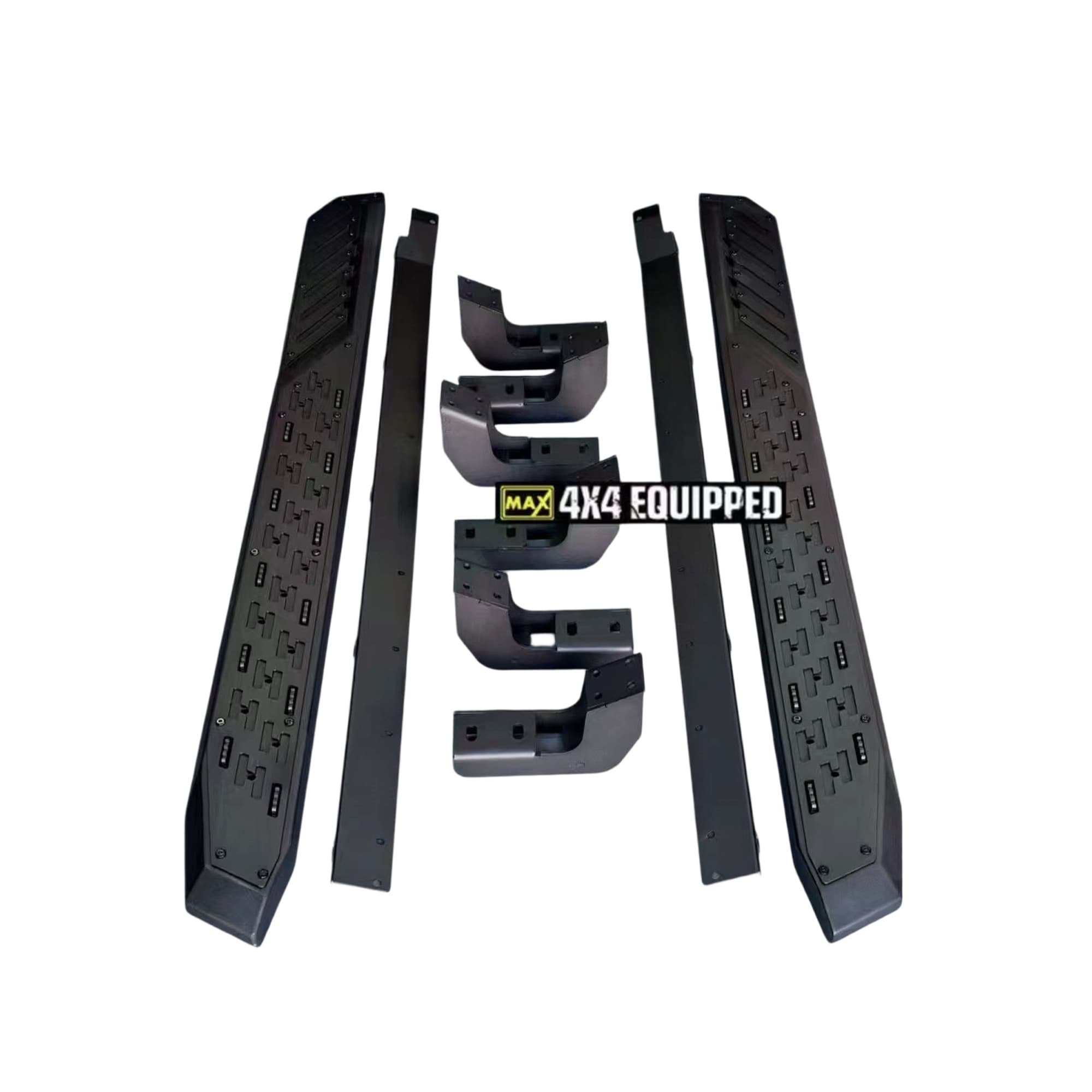 Pair of black side steps with support rails and four mounting brackets laid out on a white background